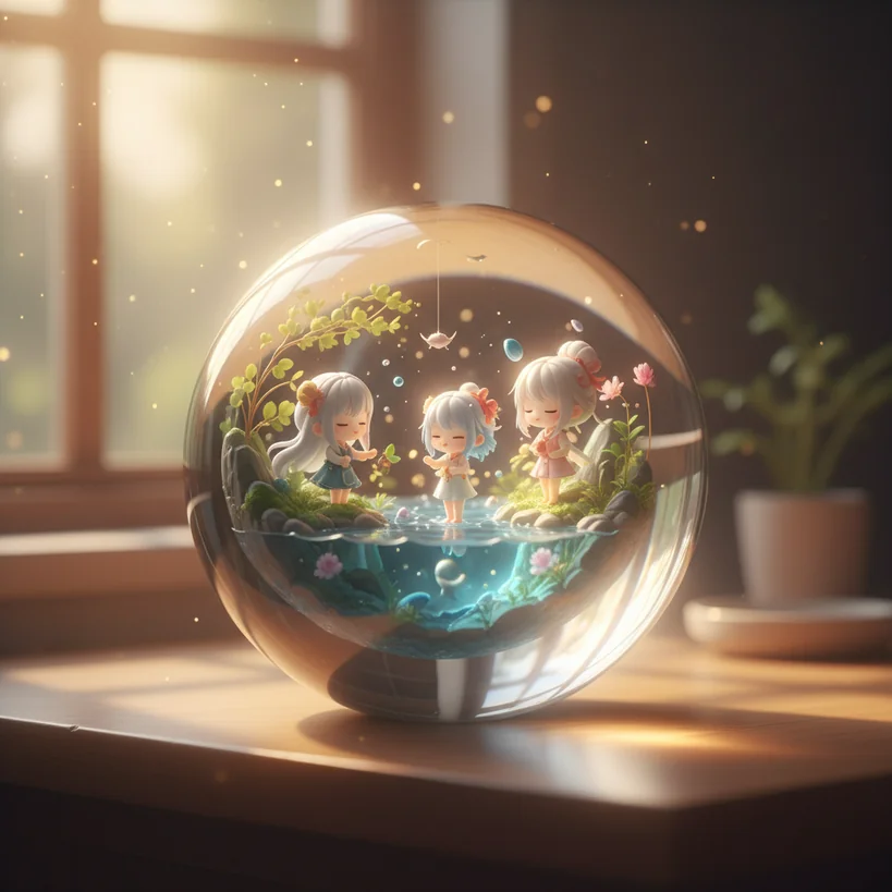 Tres pequeños personajes fantásticos dentro de un mundo de cristal con luz cálida