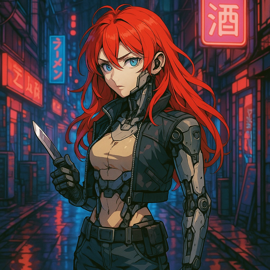 Cyberpunk neon street, red haired mechanical girl standing with a knife