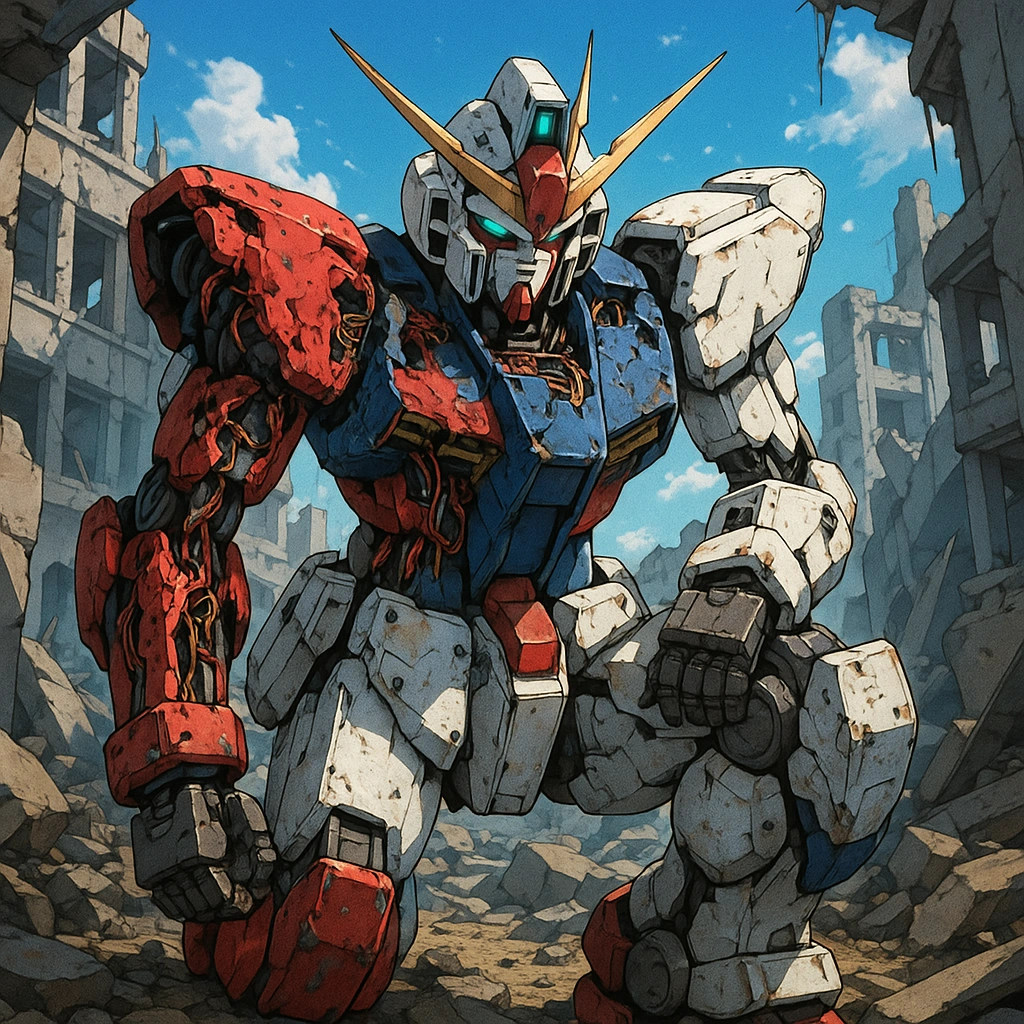 Mech warriors half kneeling in ruins, damaged armor revealing internal wiring
