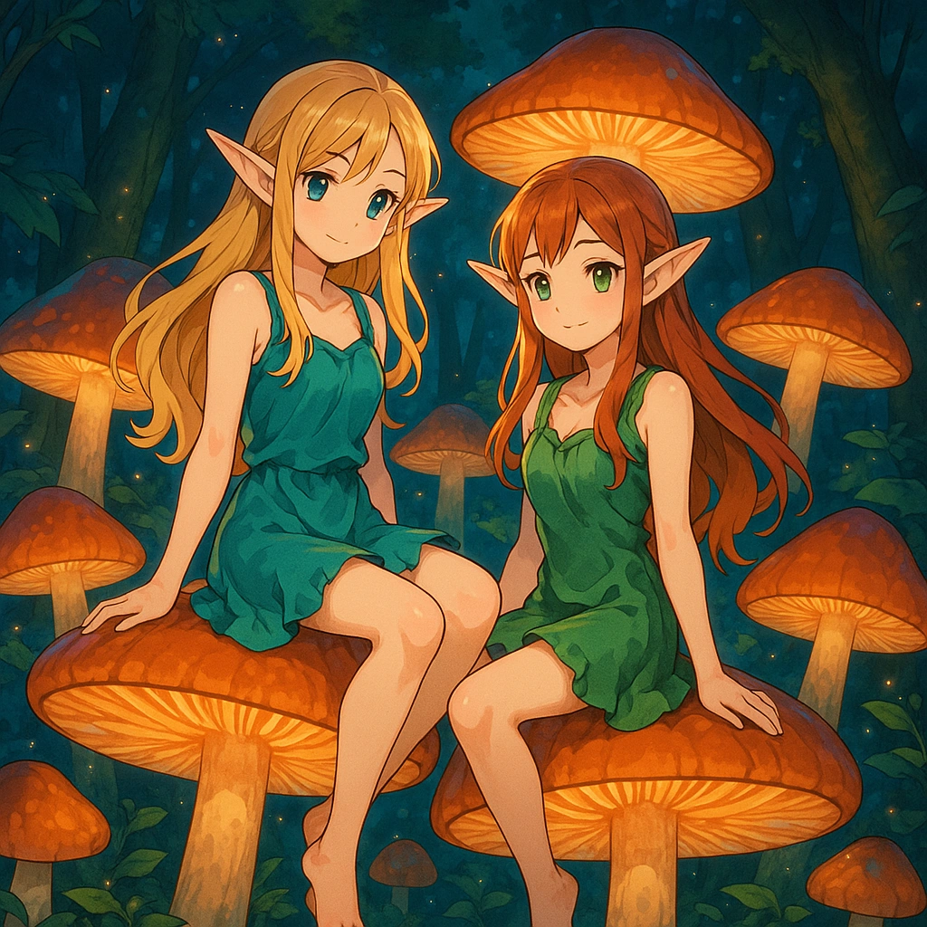 Fantasy Forest, elf girls suspended in a group of glowing mushrooms