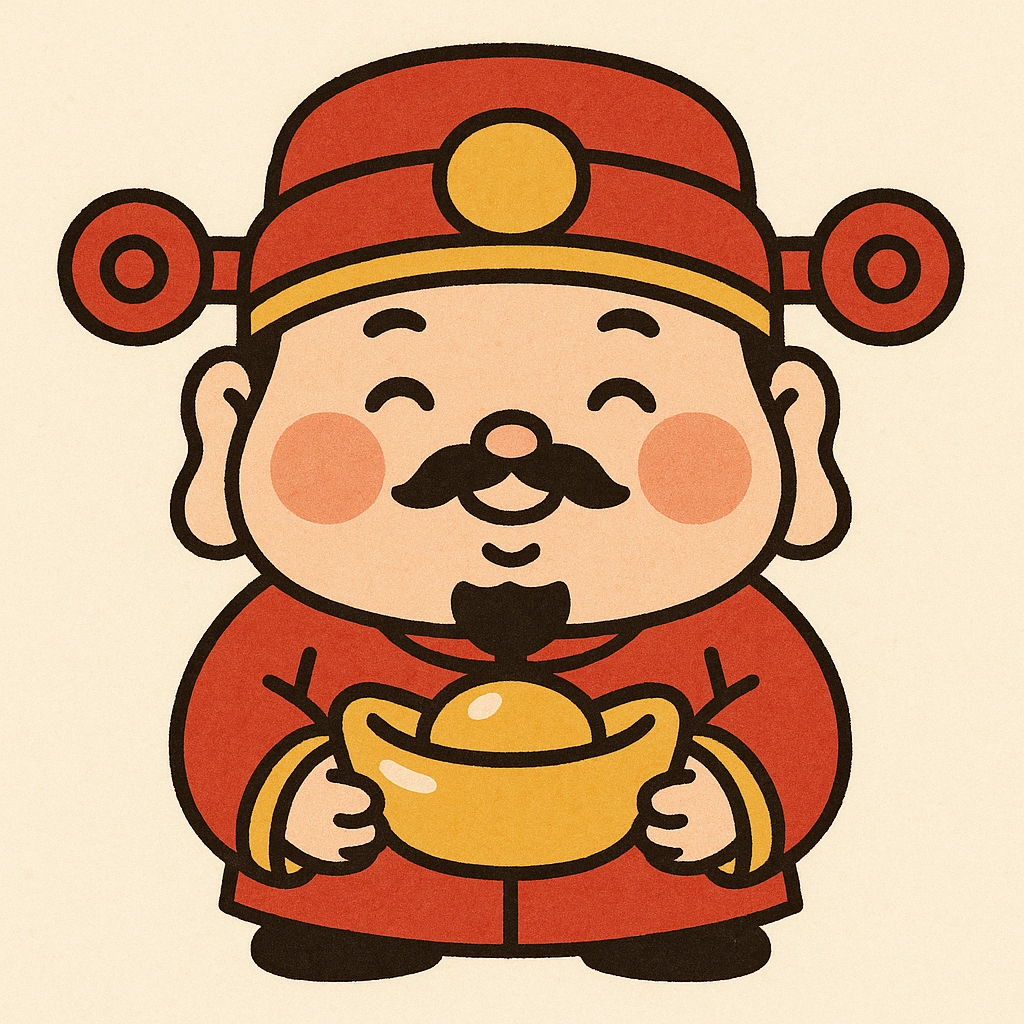 The fat god of wealth wears red Tang clothes, holds gold ingots, and powder blusher is round
