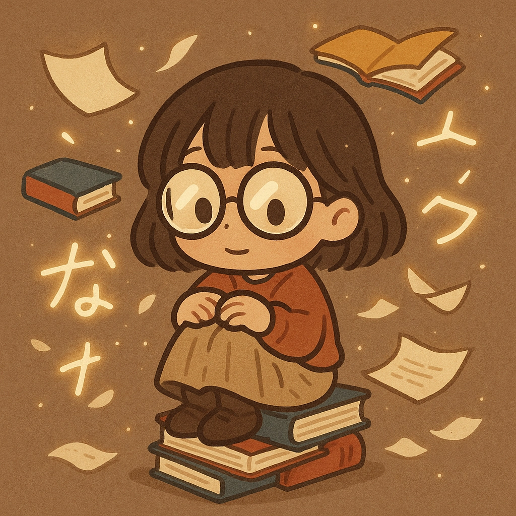 The girl curled up in a pile of books, her round glasses reflecting light, the books floating around, and the details adding flying paper pages and glowing text