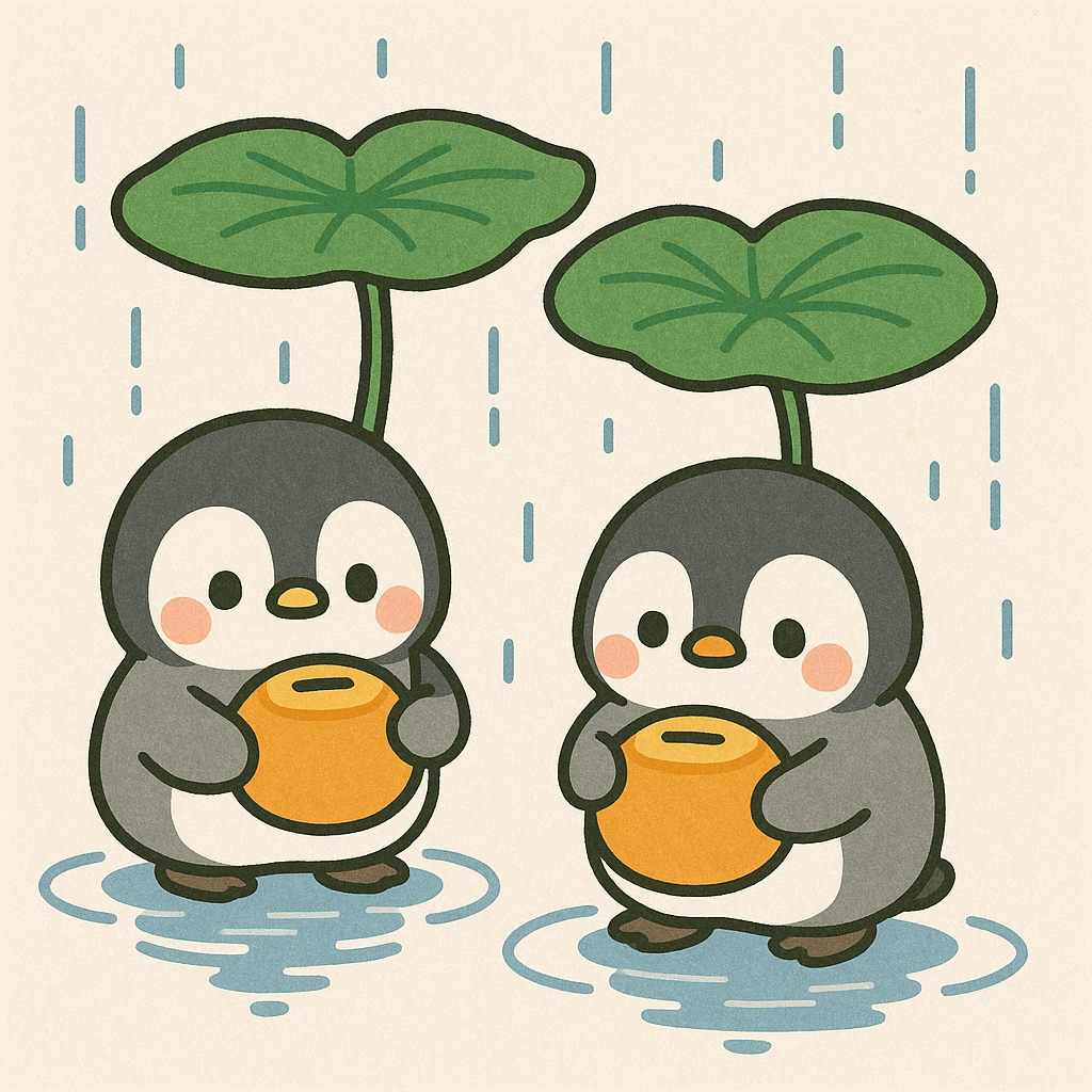Penguins holding lotus leaf umbrellas, short wings holding coin boxes, reflections of puddles simplified into wavy circles, raindrops represented by dashed lines