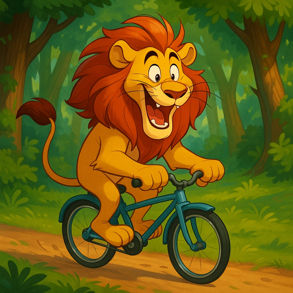 Lion riding a bicycle, forest background, humorous dynamic expressions
