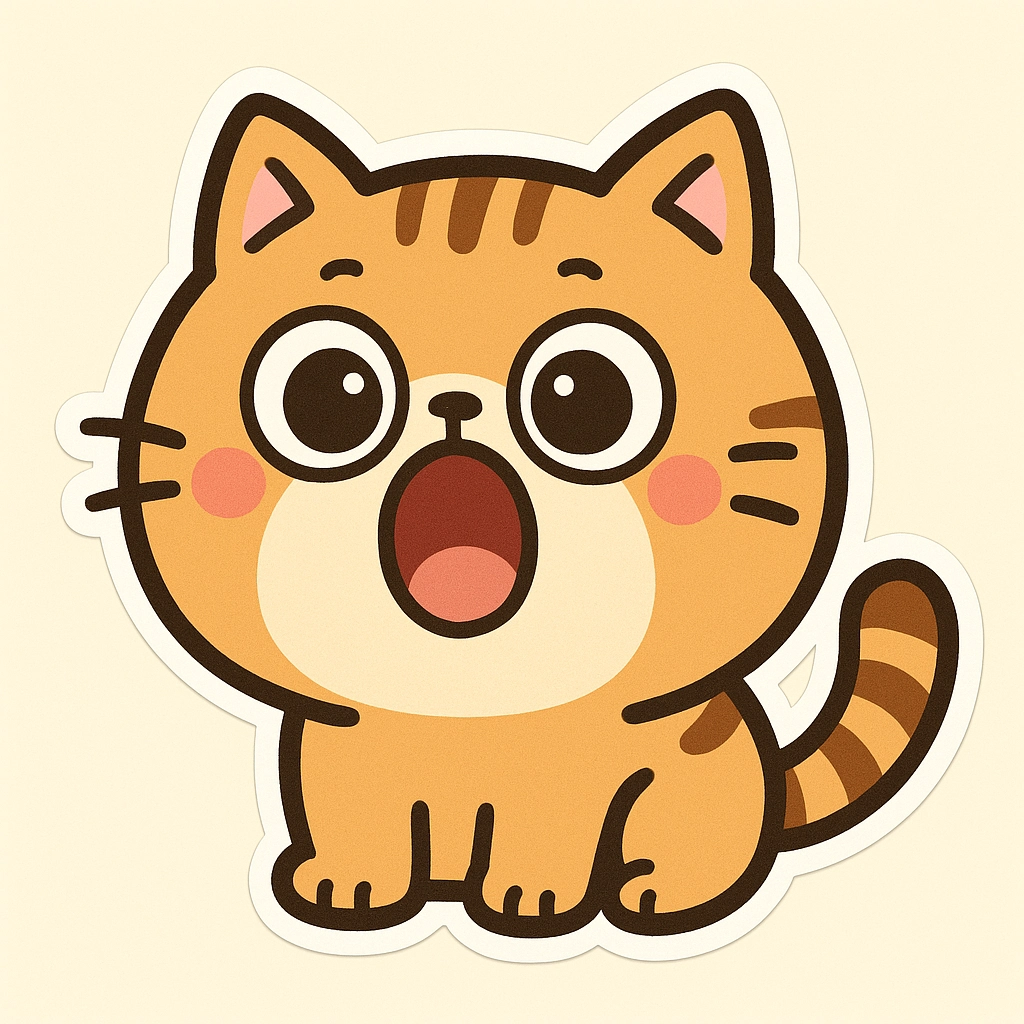 A cat with a big round face, big round eyes, and a big round mouth
