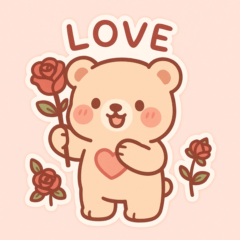 Valentine's Day Love Bear, Pink and White Soft Light, Handwritten Font "LOVE", Rose Stickers
