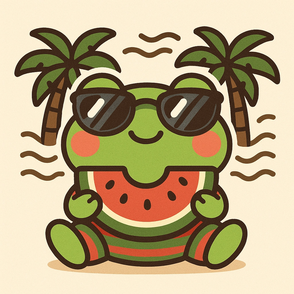 Summer watermelon frog, red and green stripes, reflective sunglasses, background coconut trees and wavy lines