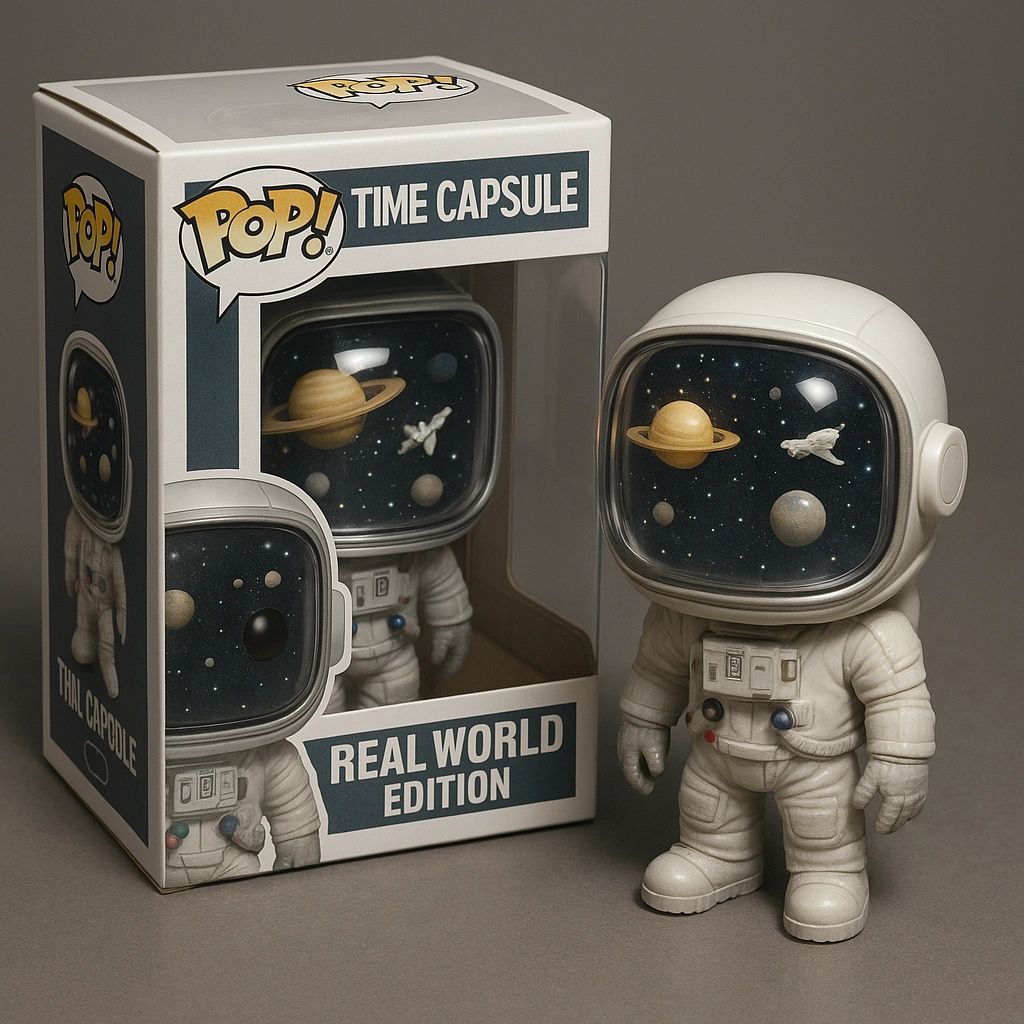 The "Time Capsule" series astronaut figurine features a transparent acrylic box with built-in miniature planets and spacecraft, ultra realistic 3D rendering, and cool white lighting