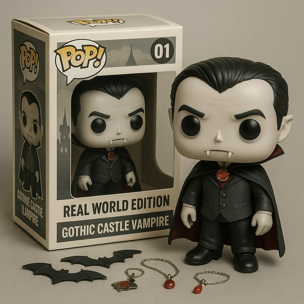 Gothic Castle Vampire, with scattered bat wings and blood droplet pendants and other vampire decorative accessories on the ground