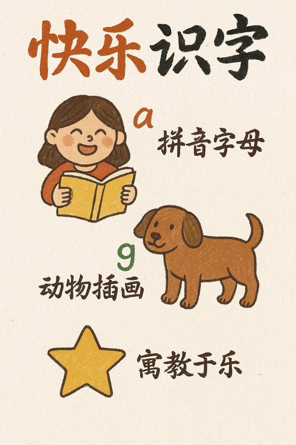 拼音字母与动物插画互动设计，标题“快乐识字”用彩色粉笔质感