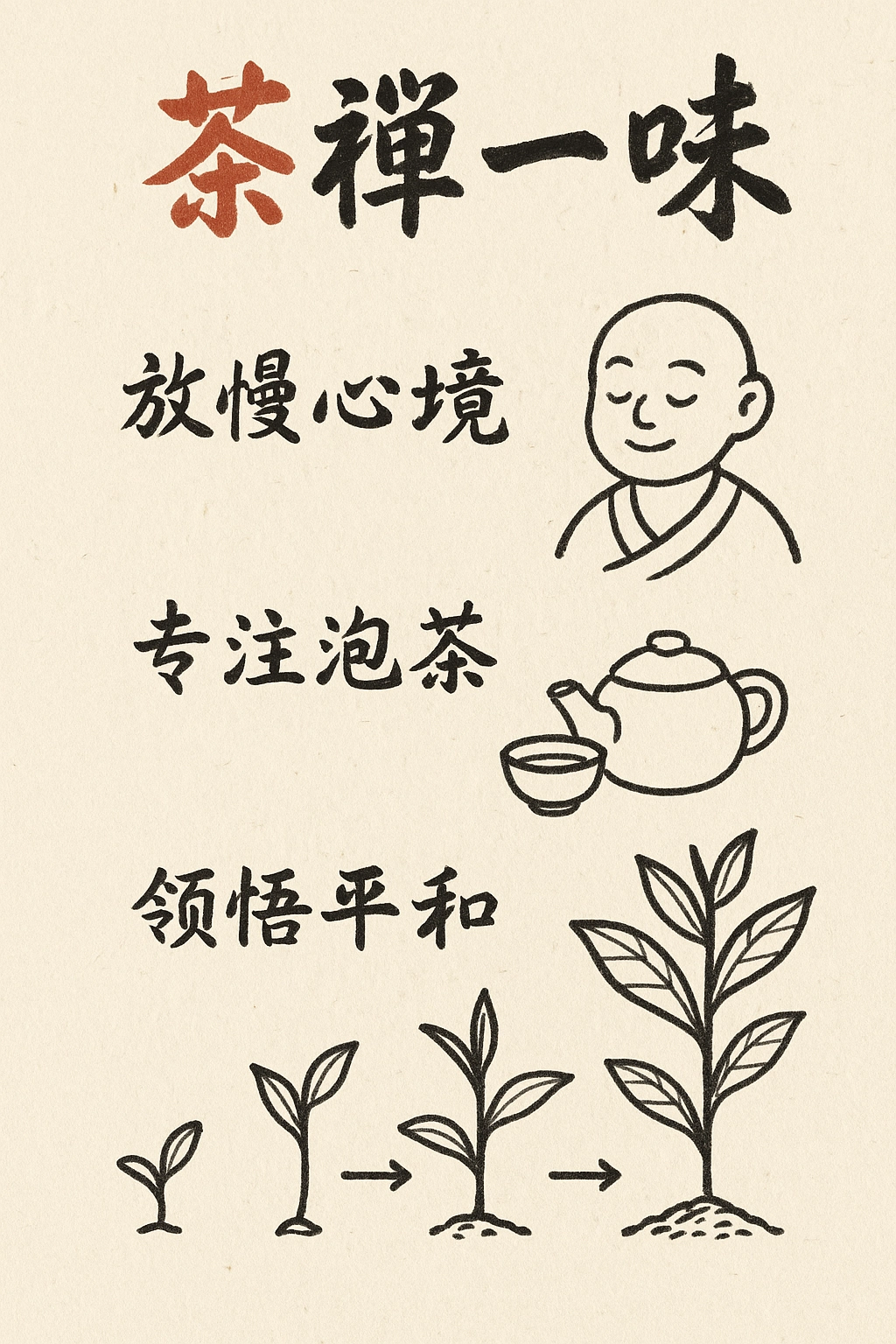 茶具线描与茶叶生长周期图组合，标题"茶禅一味"采用枯笔书法，背景做旧宣纸色