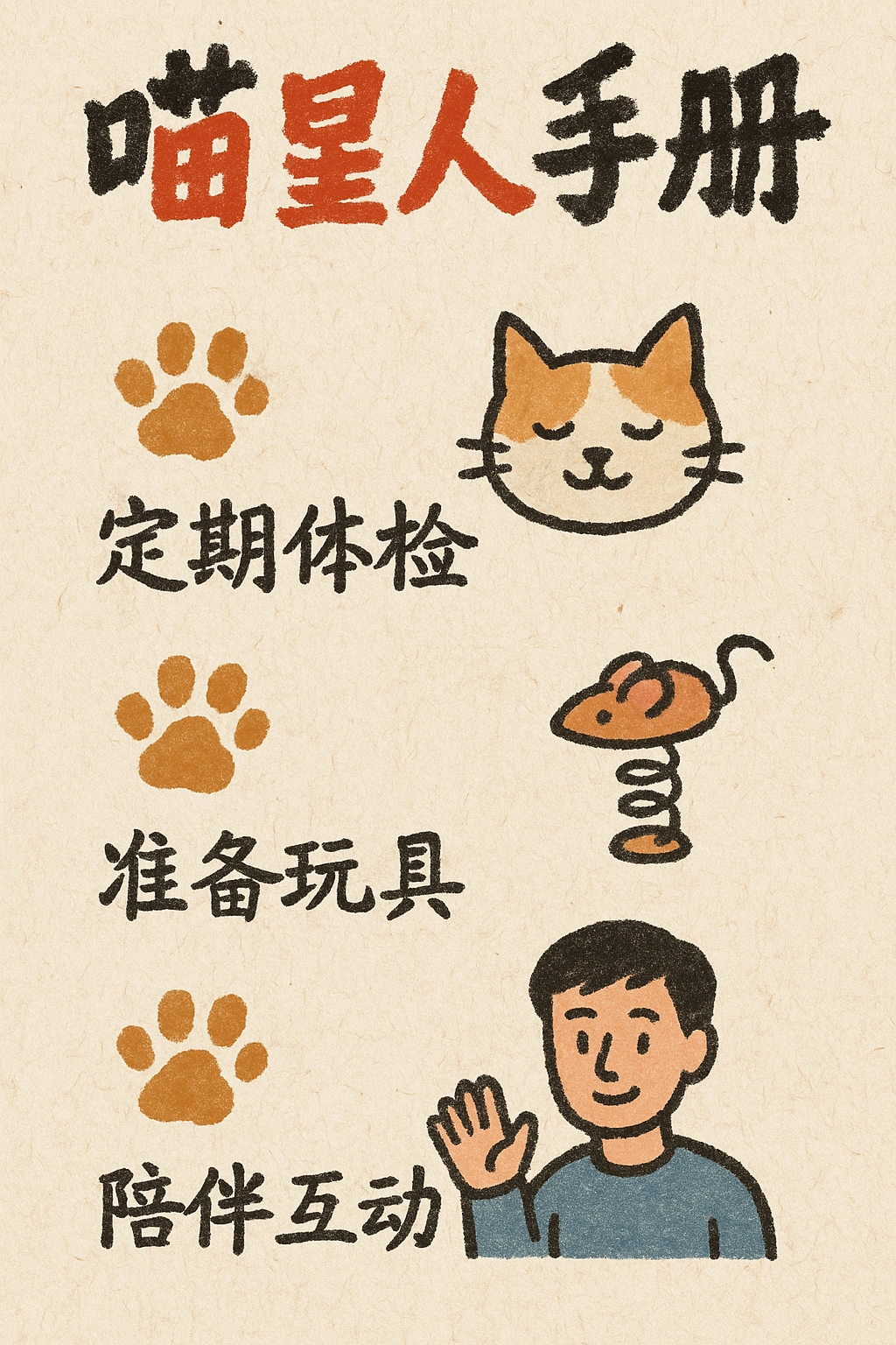 爪印图标串联注意事项，标题“喵星人手册”用毛绒质感字体，背景模拟抓板纹理