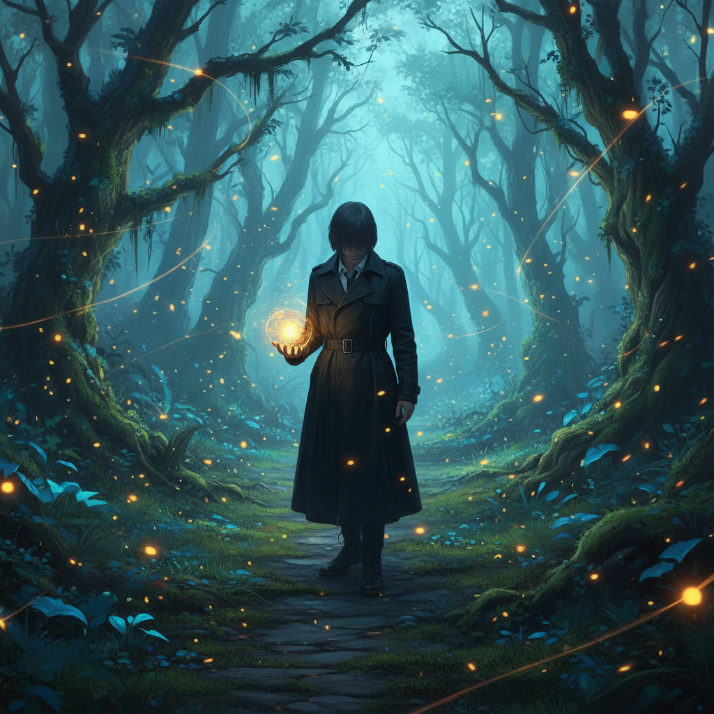 Cambia el fondo de esta persona a un bosque mágico con luciérnagas flotando alrededor, manteniendo el personaje exactamente igual