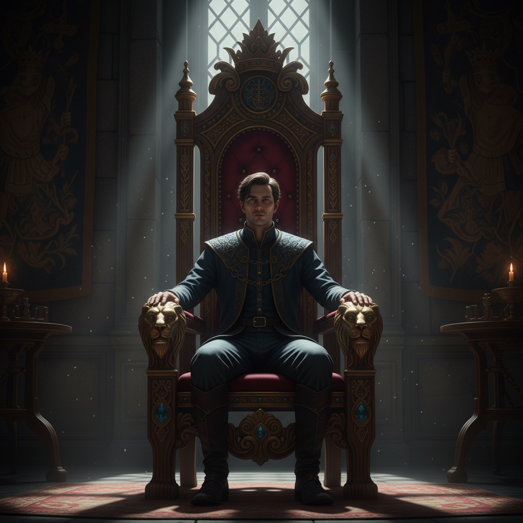 Reemplaza la silla en esta escena con un trono ornamentado, añade iluminación dramática y mantén las características faciales del personaje perfectamente