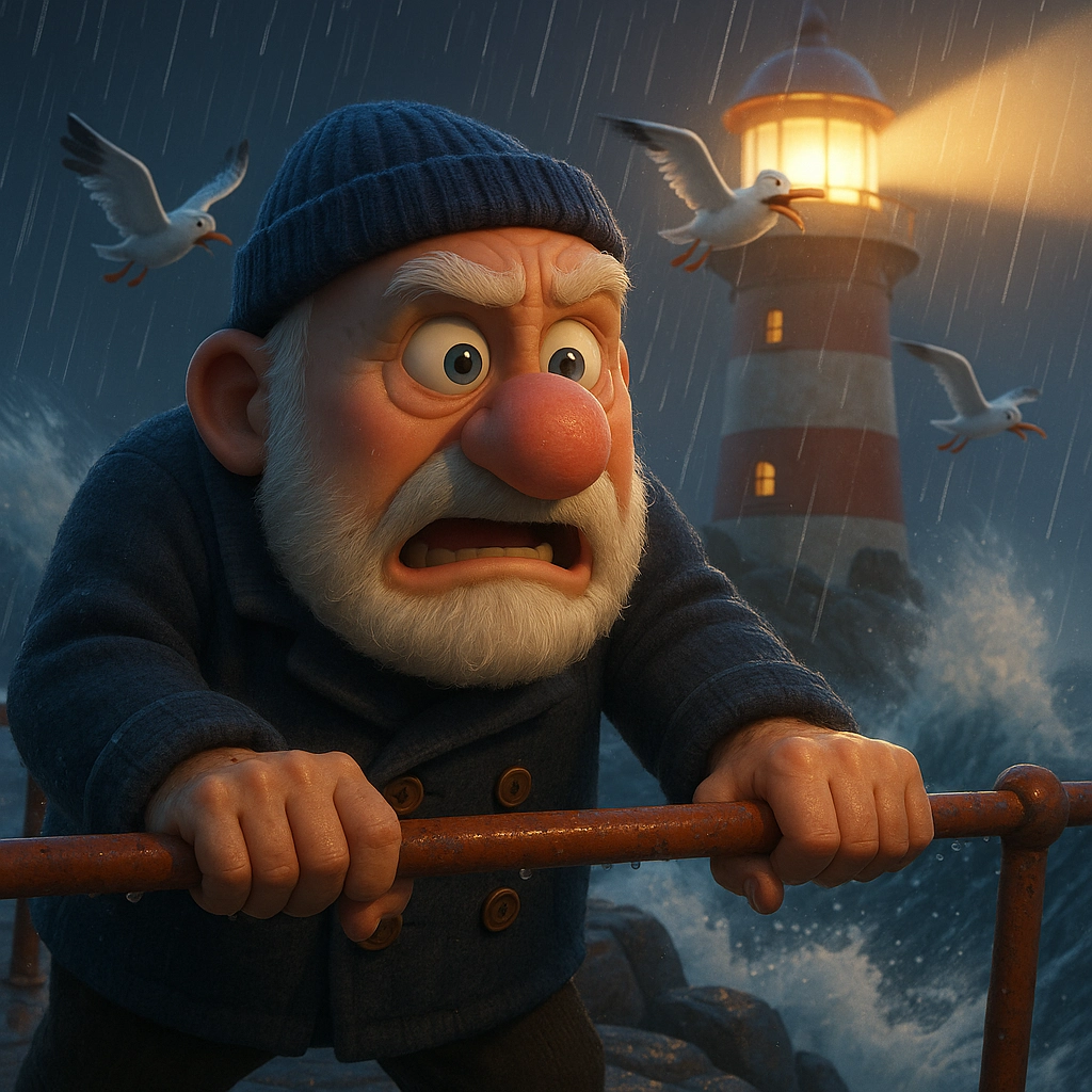 The huge waves hit the rocks, the old man tightly gripped the railing, the beam of light penetrated the rain curtain, and the seagulls struggled against the wind