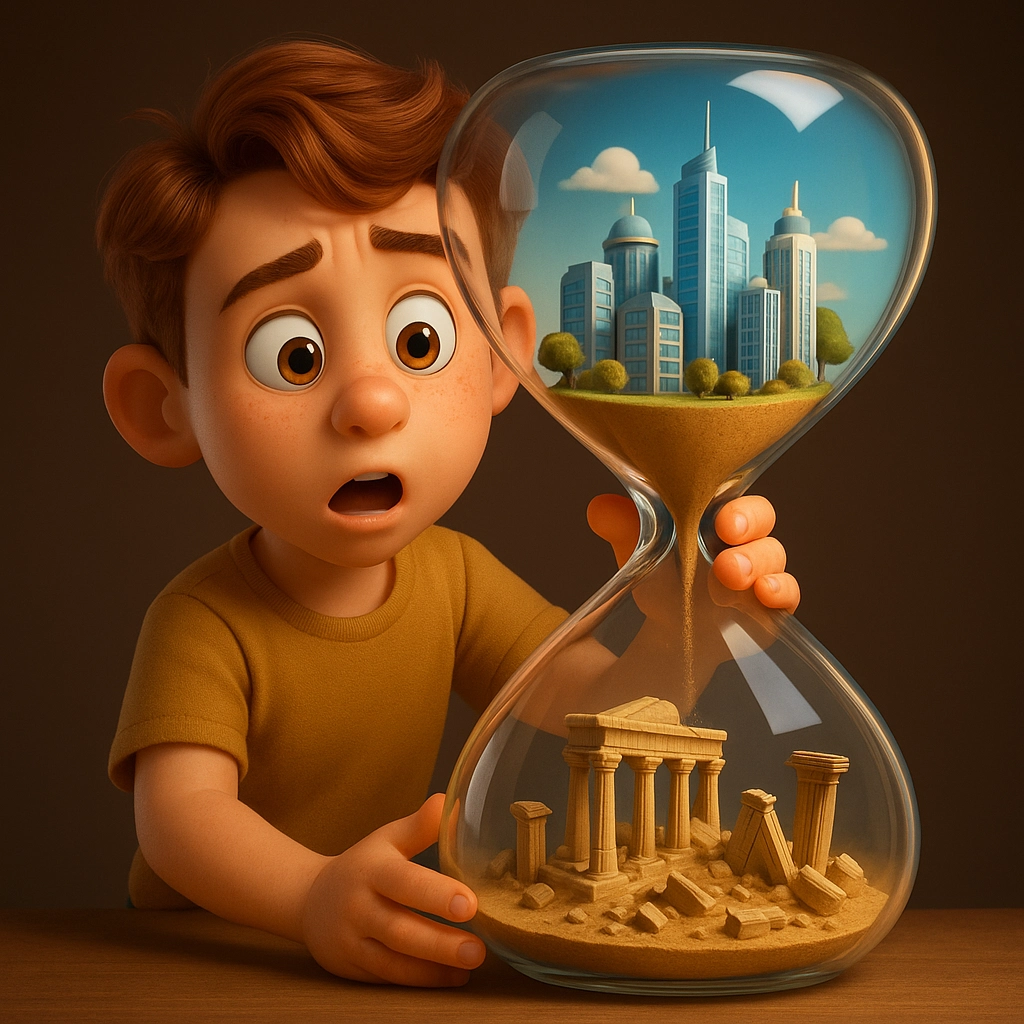 The glass hourglass is inverted, with the upper half representing the future city and the lower half collapsing into ancient Roman ruins