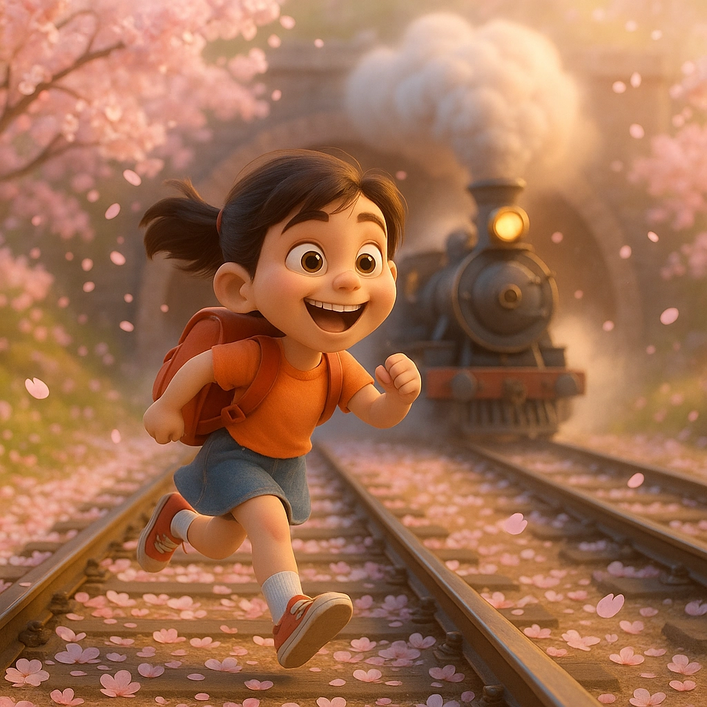 Pink and white petals cover the railway tracks, girls carry backpacks and run, steam trains emerge from tunnels, with a hazy halo