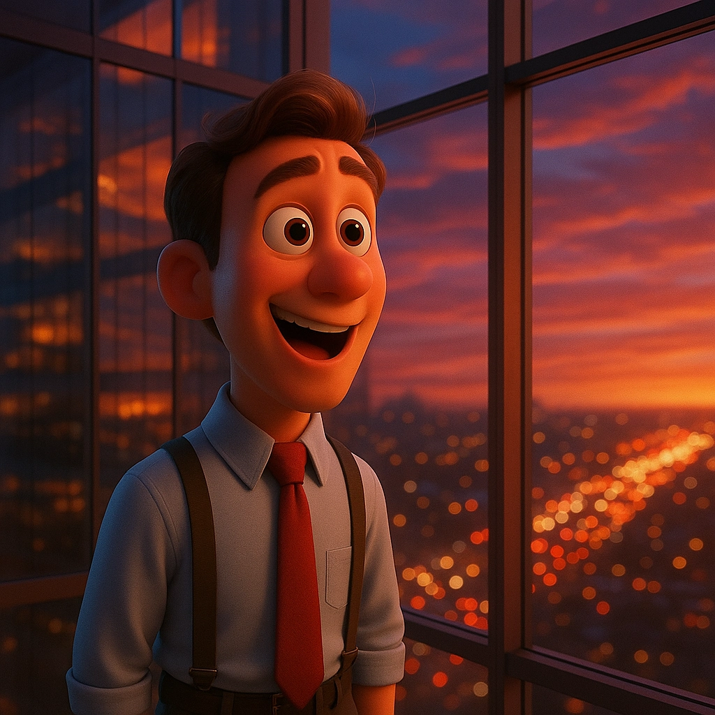 The glass of the office building reflects the sunset glow, and the traffic is shattered into a galaxy