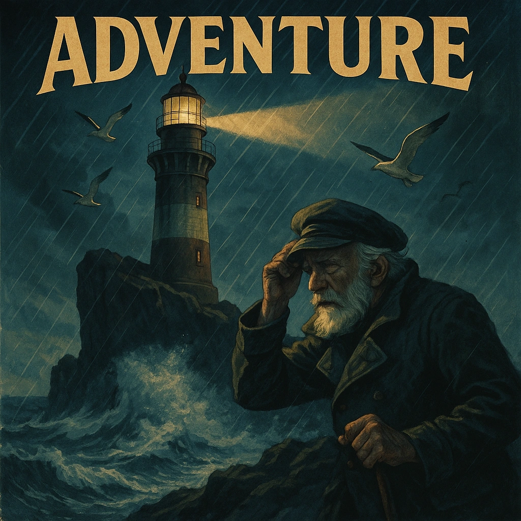 Póster de película de aventura con un faro dramático en un acantilado tormentoso, olas rompiendo, un anciano guardián sujetándose contra el viento aullante, un haz cortando la lluvia, gaviotas en vuelo, iluminación cinematográfica