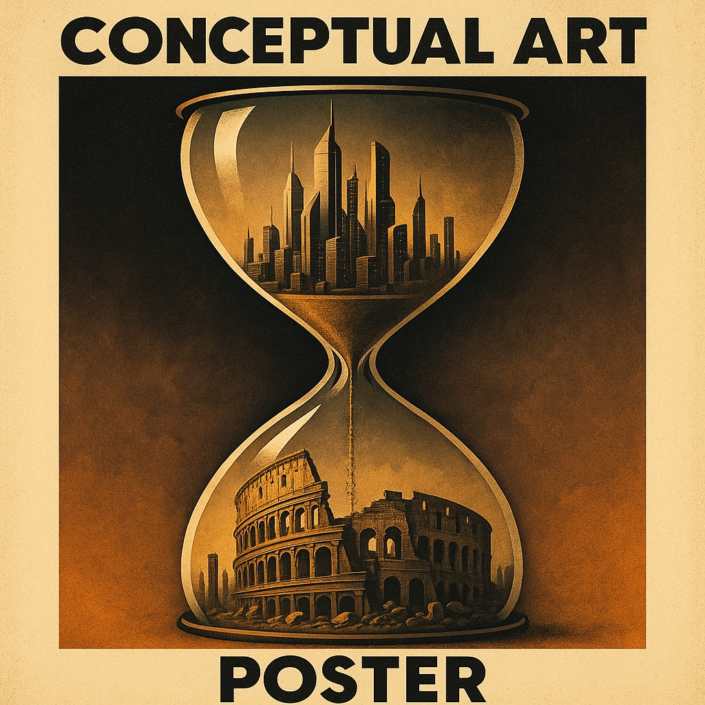 Póster de arte conceptual que muestra un reloj de arena impactante donde una metrópolis futurista en la cámara superior se transforma en una arquitectura romana desmoronada debajo, metáfora del ciclo de la civilización, rico contraste
