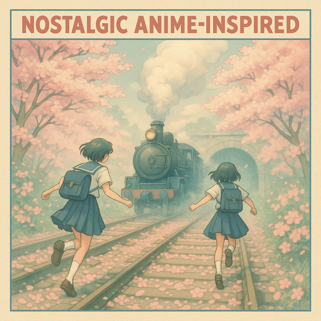 Póster nostálgico inspirado en el anime con flores de cerezo cubriendo las vías del tren, colegialas corriendo con mochilas, un tren de vapor antiguo emergiendo del túnel, atmósfera de ensueño con efecto de enfoque suave