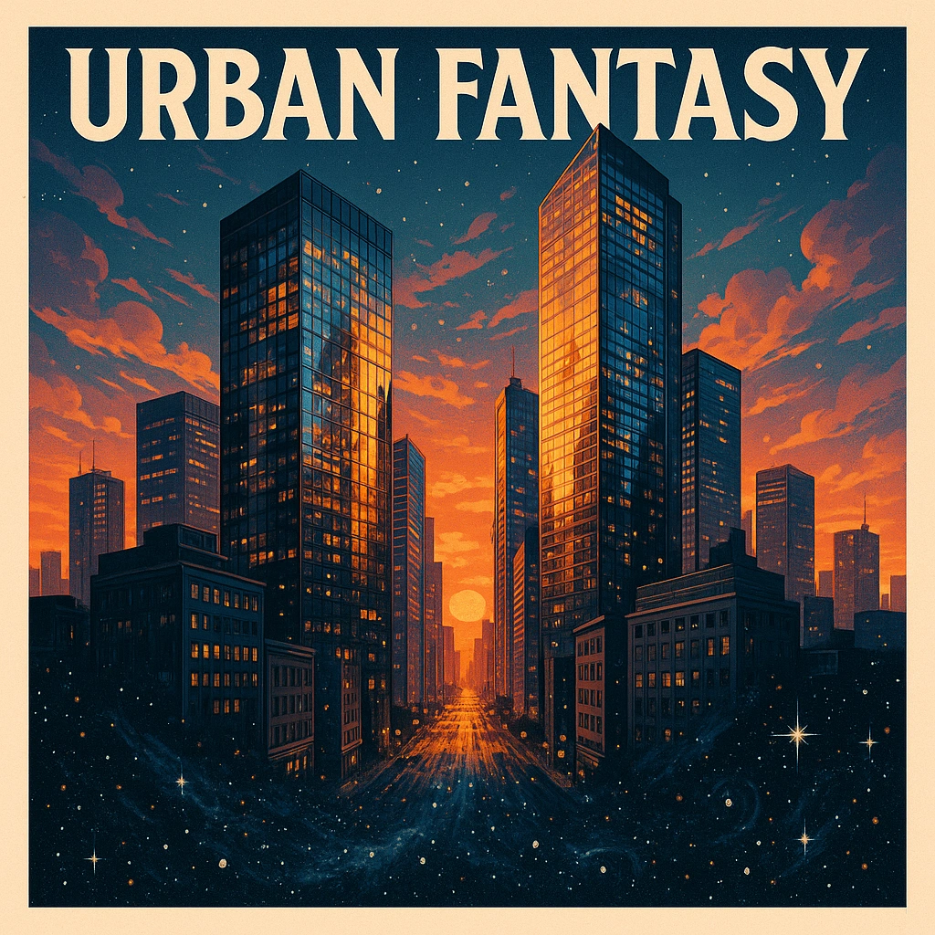 Póster de fantasía urbana con modernos rascacielos en la hora dorada, fachadas de vidrio que reflejan una puesta de sol espectacular, calles de la ciudad debajo disolviéndose en patrones de estrellas cósmicas, mezclando realidad e imaginación